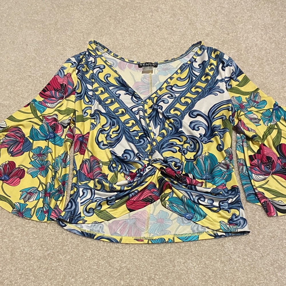 VENUS Women's Yellow and Blue Floral Blouse